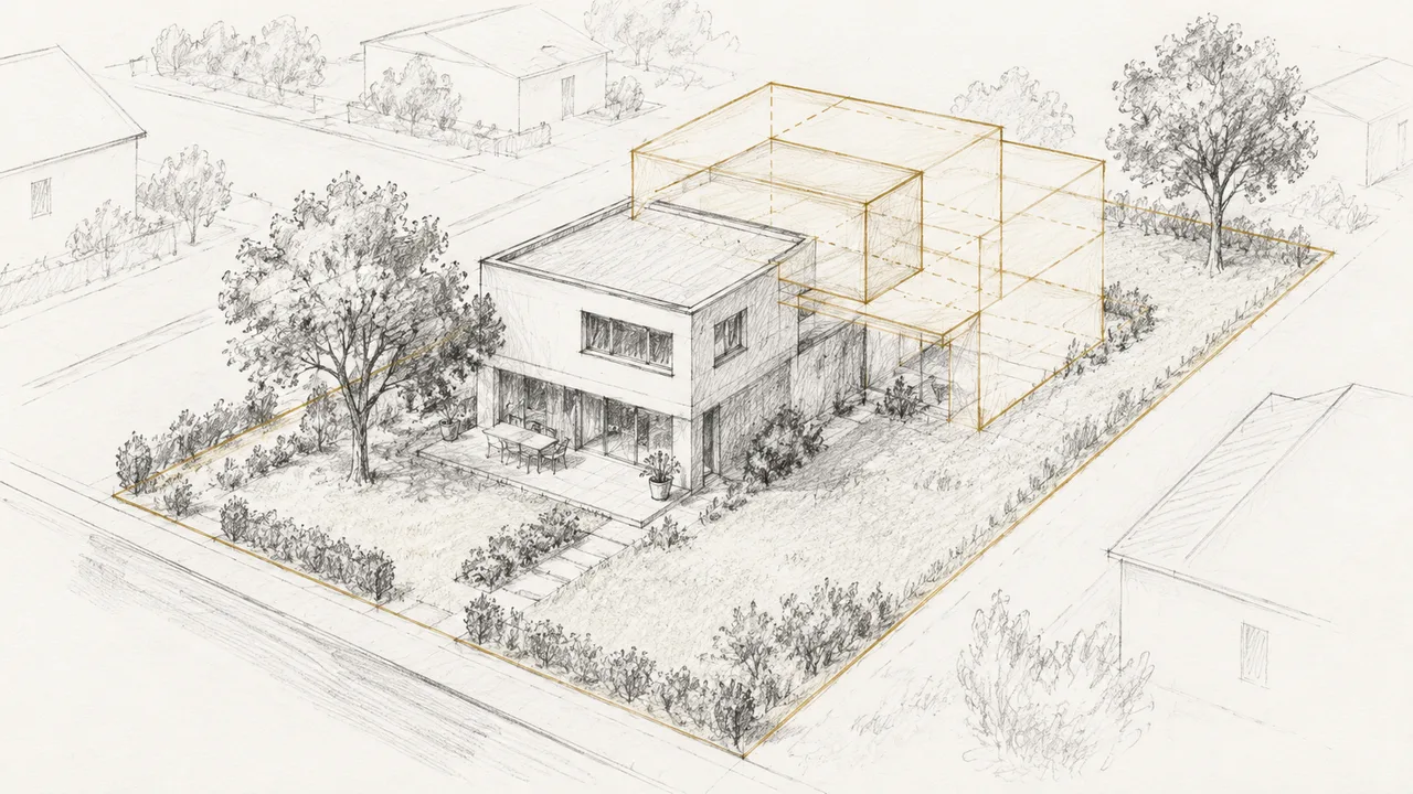 Architektur-Handskizze eines Hauses mit Garten, goldener Grundstücksgrenze und angedeuteten zusätzlichen Bauvolumen.