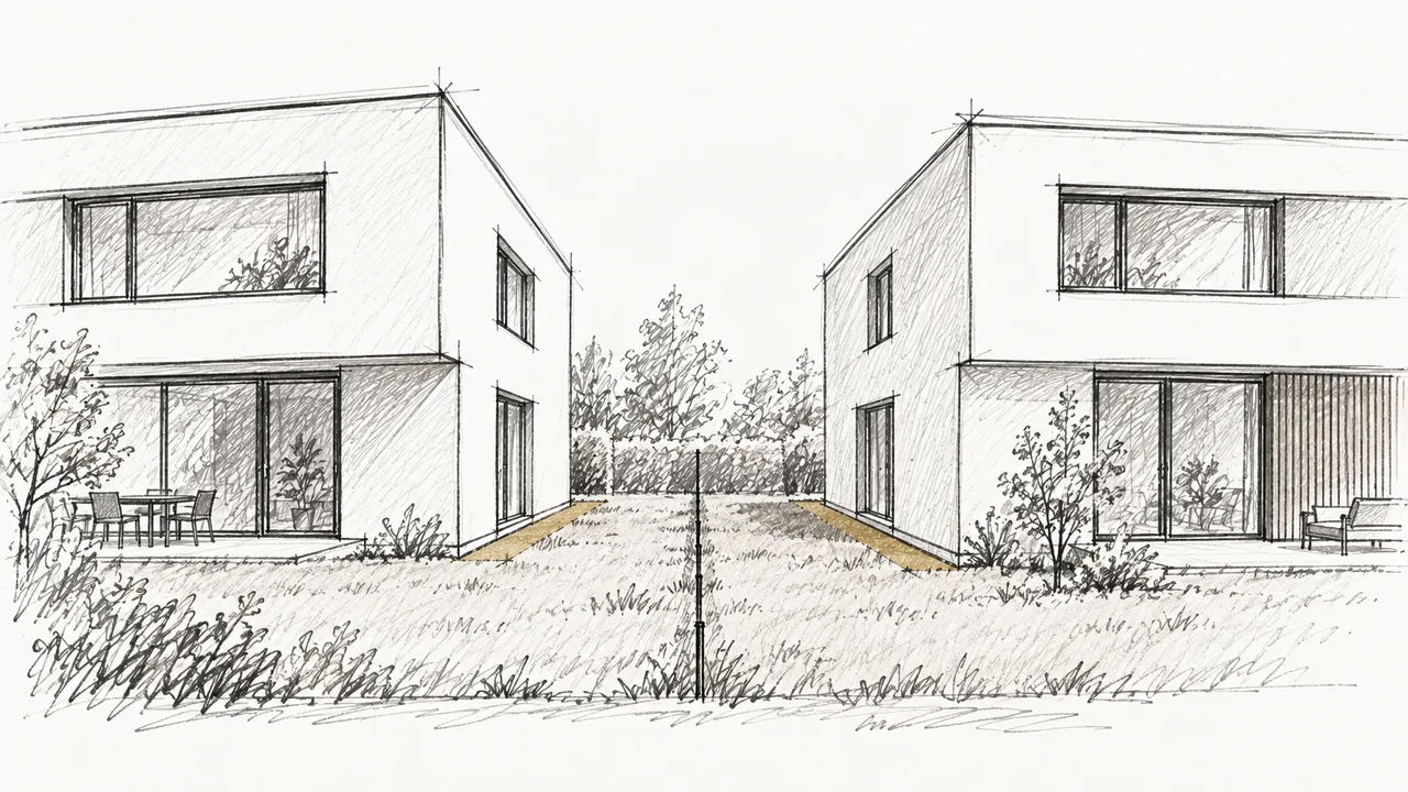 Architektur-Handskizze zweier Nachbarhäuser mit einer feinen Grundstücksgrenze dazwischen und goldenen Akzenten am Boden.