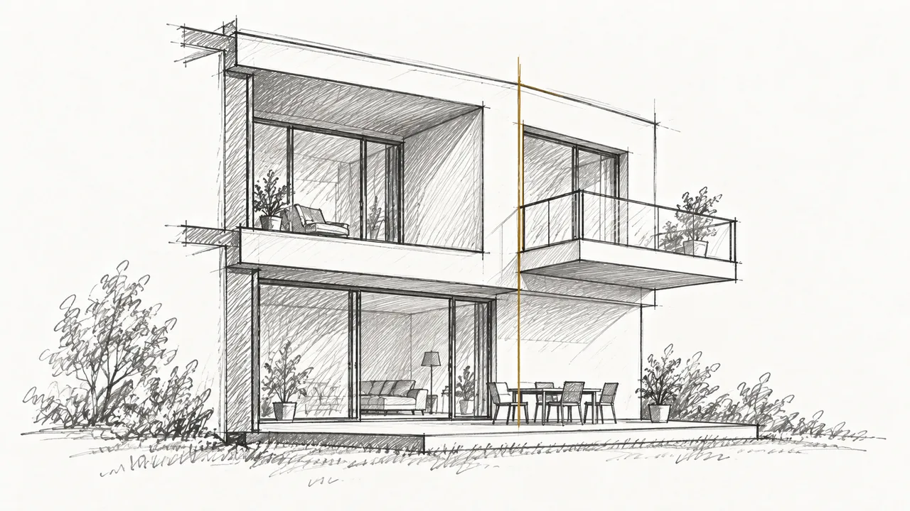 Architektur-Handskizze mit eingeschnittener Loggia links, auskragendem Balkon rechts und ebenerdiger Terrasse; eine goldene Linie markiert die Fassadenflucht.