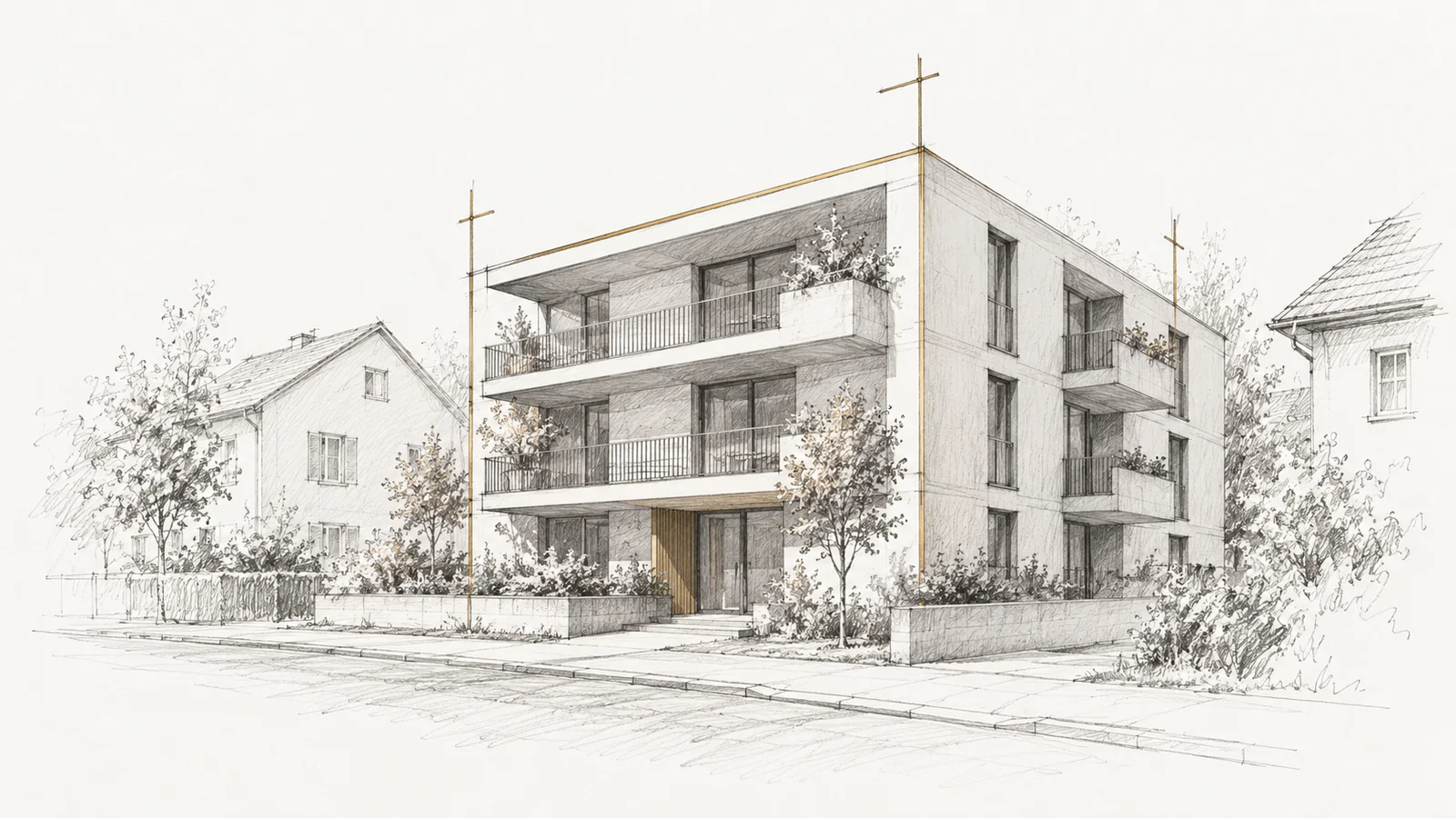 Mehrfamilienhaus mit Balkonen zwischen kleineren Nachbarhäusern und angedeuteten Bauprofilen.
