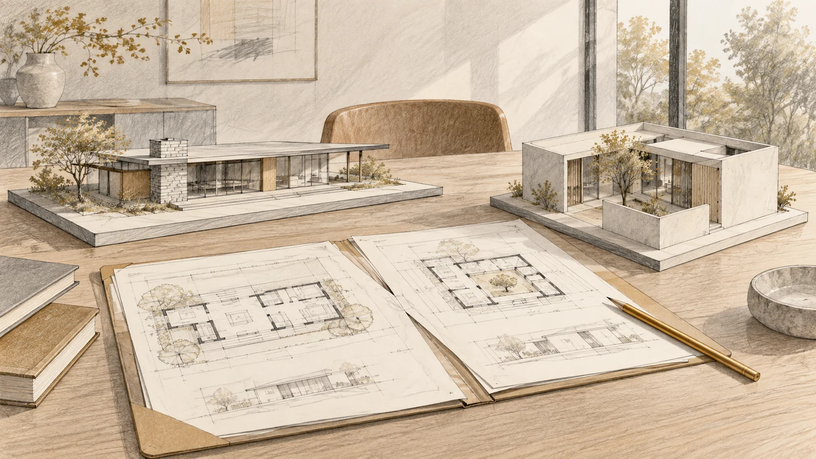 Zwei unterschiedliche Hausmodelle neben einer geöffneten Mappe mit Architekturplänen.