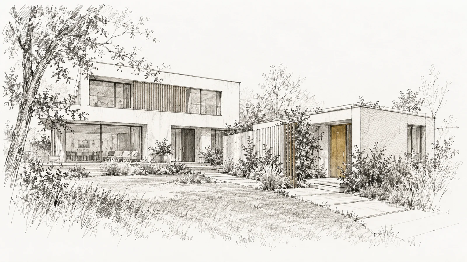 Wohnhaus mit kleinerem seitlichem Wohntrakt, separatem Eingang und abgetrenntem Gartenbereich.