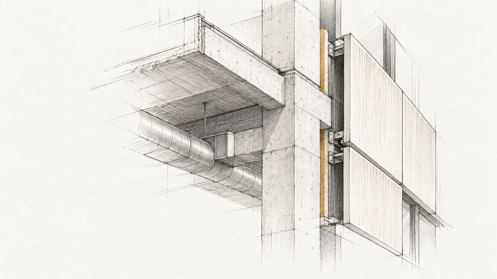 Architekturdetail mit Tragstruktur, versetzter Fassadenplatte und darunter geführtem Lüftungskanal.