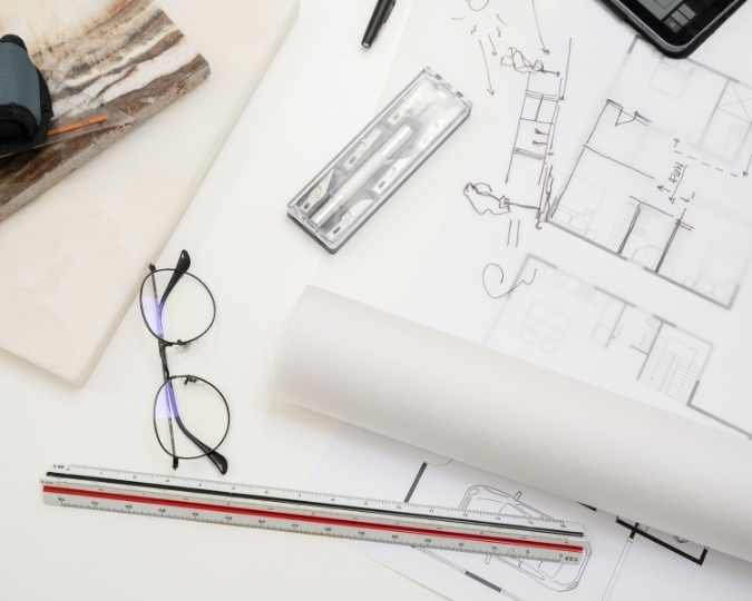 Baupläne, Brille und Messwerkzeuge auf einem Tisch, symbolisch für die Planung des Umbaus von einem Einfamilienhaus zu einem Mehrfamilienhaus